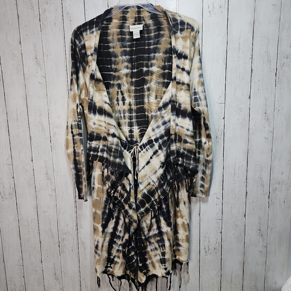 Soft Surrounding Women's Tan Black Tie Dye Fringe Drape Cardigan Size Medium. - Picture 7 of 10